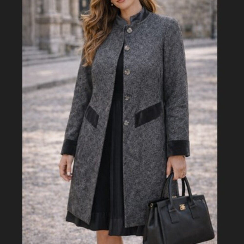 Coldwater Creek Brocade Blazer Coat Women's 8 Gray Mandarin Velvet Trim Elegant